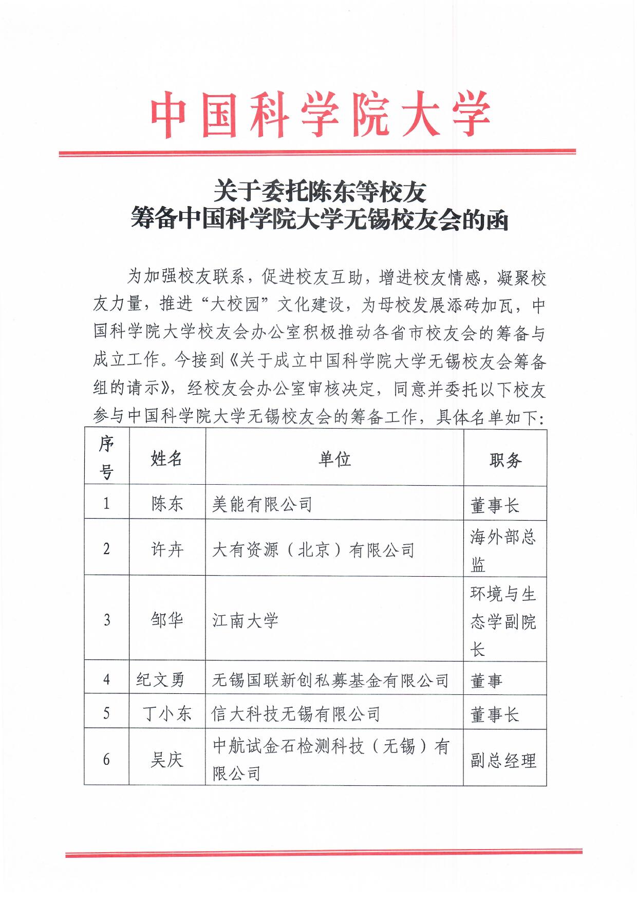 关于委托陈东等校友筹备中国科学院大学无锡校友会的函 页面 1